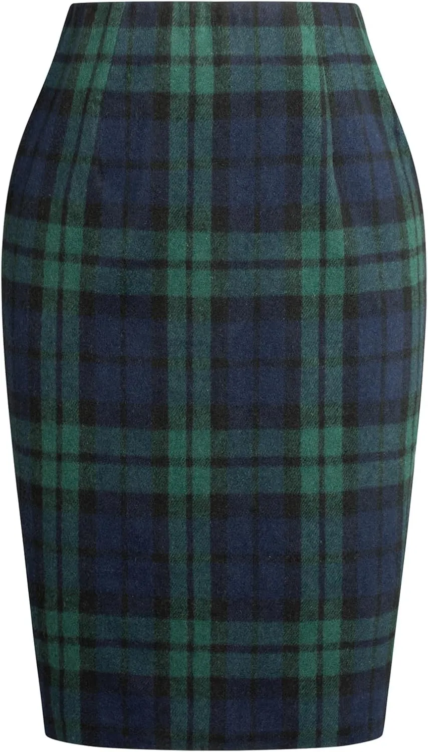 Kate Kasin Womens Wool Plaid Pencil Skirt High Waist Slit Stretchy Bodycon Fall Winter Knee Length Midi Skirt