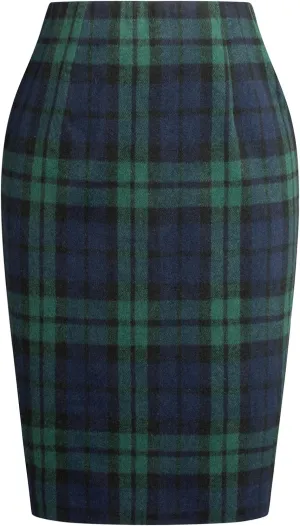Kate Kasin Womens Wool Plaid Pencil Skirt High Waist Slit Stretchy Bodycon Fall Winter Knee Length Midi Skirt
