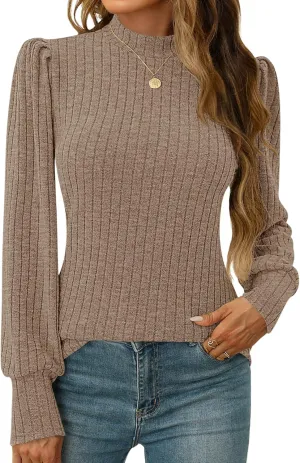 LOMON Women's Puff Long Sleeve Mock Neck Blouse Casual Lightweight Knit Shirts Dressy Work Tunic Tops