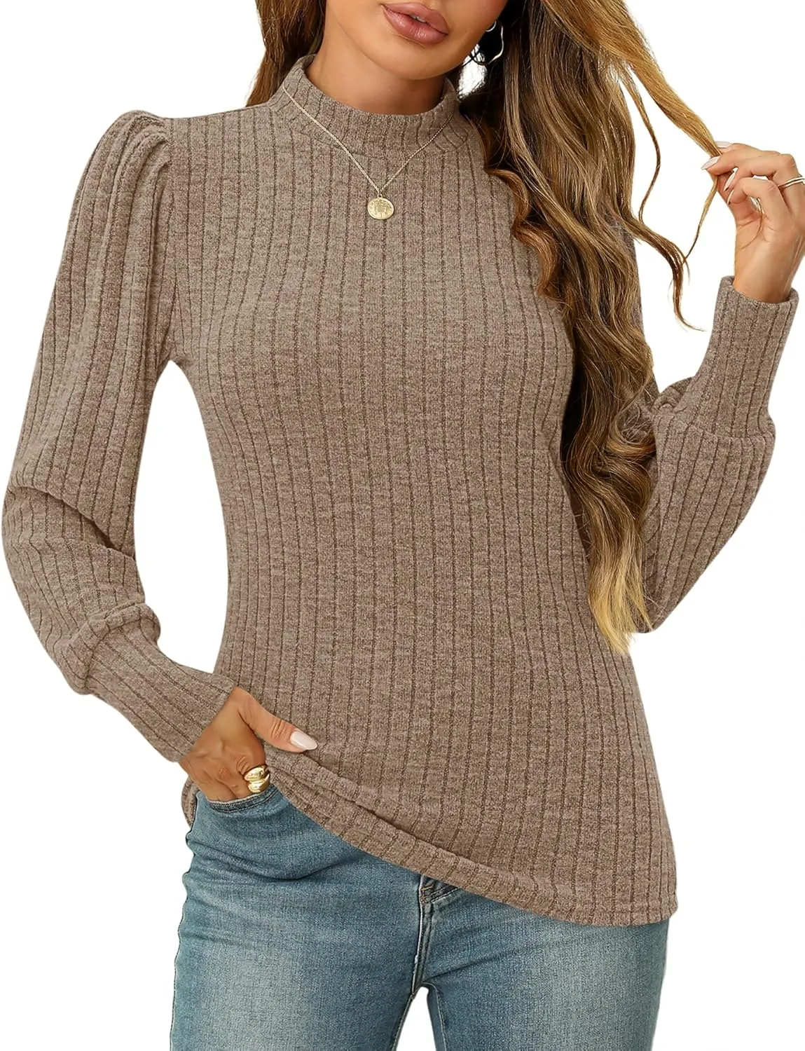 LOMON Women's Puff Long Sleeve Mock Neck Blouse Casual Lightweight Knit Shirts Dressy Work Tunic Tops
