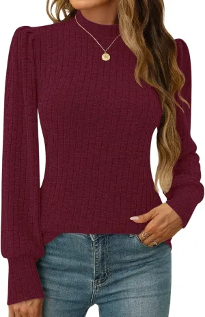 LOMON Women's Puff Long Sleeve Mock Neck Blouse Casual Lightweight Knit Shirts Dressy Work Tunic Tops