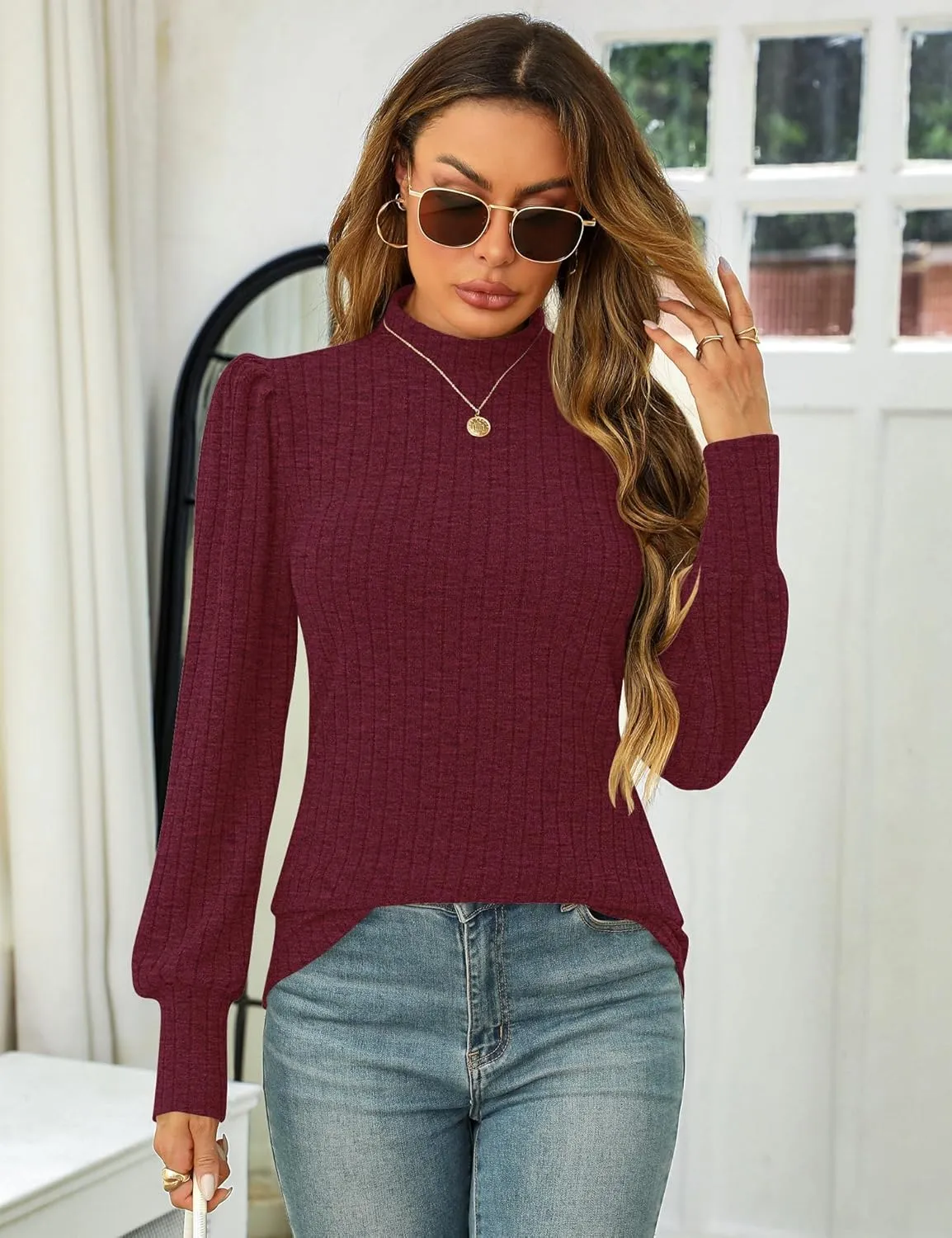 LOMON Women's Puff Long Sleeve Mock Neck Blouse Casual Lightweight Knit Shirts Dressy Work Tunic Tops