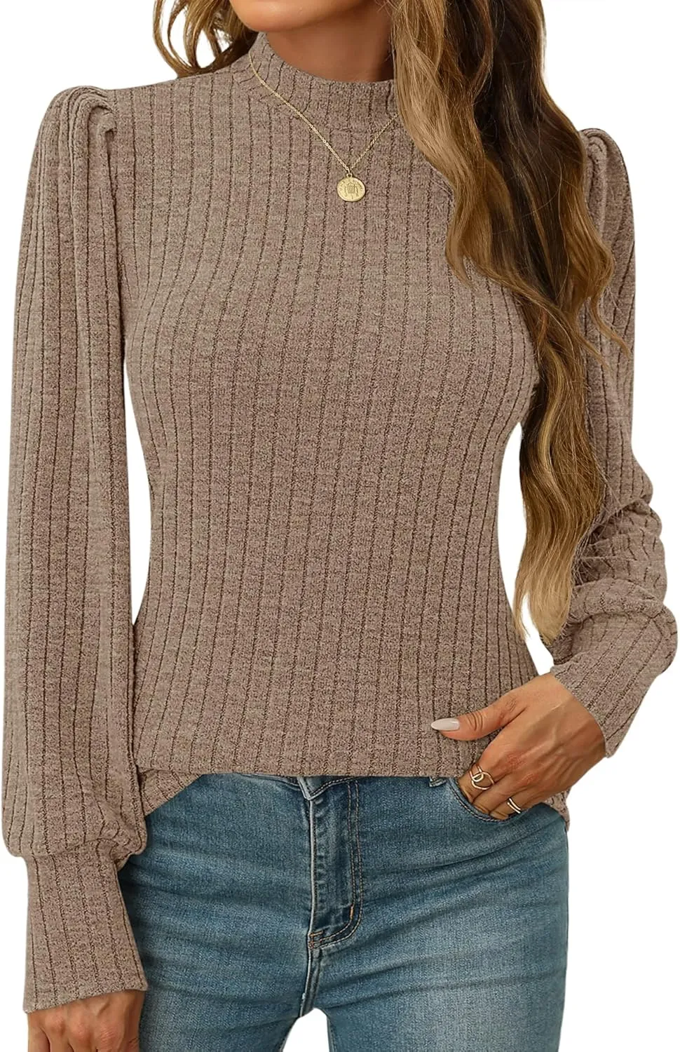LOMON Women's Puff Long Sleeve Mock Neck Blouse Casual Lightweight Knit Shirts Dressy Work Tunic Tops