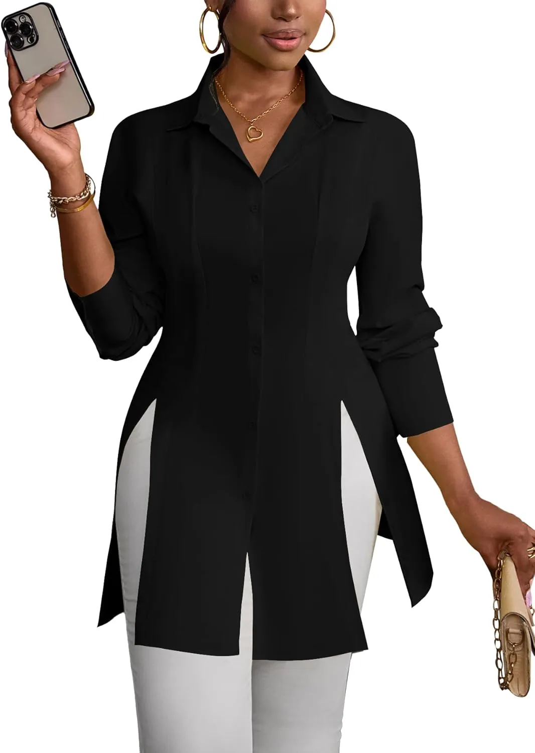 LYANER Women's Button Down Shirt Dress Collar V Neck Long Sleeve Slit Sexy Shirt Dresses