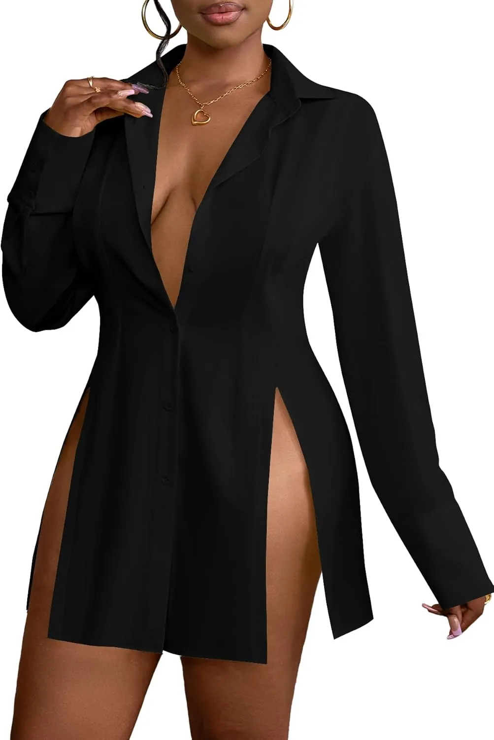 LYANER Women's Button Down Shirt Dress Collar V Neck Long Sleeve Slit Sexy Shirt Dresses