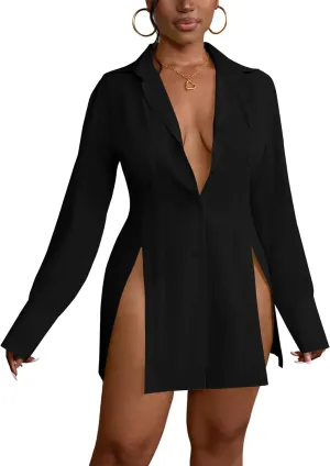 LYANER Women's Button Down Shirt Dress Collar V Neck Long Sleeve Slit Sexy Shirt Dresses