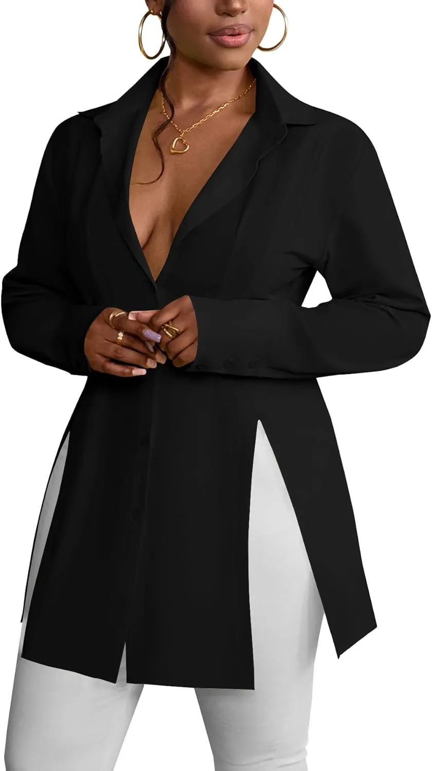 LYANER Women's Button Down Shirt Dress Collar V Neck Long Sleeve Slit Sexy Shirt Dresses