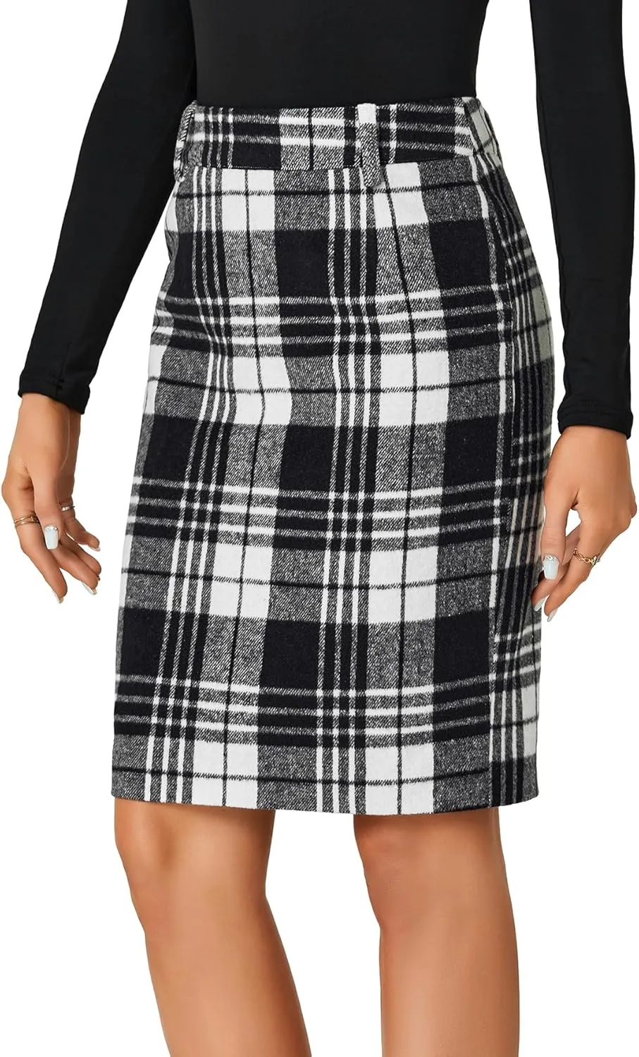 LYANER Women's Elegant Plaid Zipper High Waist Bodycon Fall Pencil Midi Skirt Knee Length