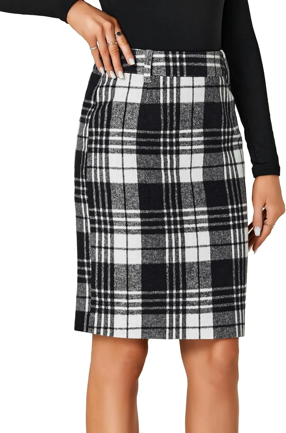 LYANER Women's Elegant Plaid Zipper High Waist Bodycon Fall Pencil Midi Skirt Knee Length