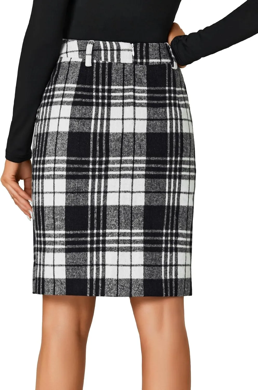 LYANER Women's Elegant Plaid Zipper High Waist Bodycon Fall Pencil Midi Skirt Knee Length