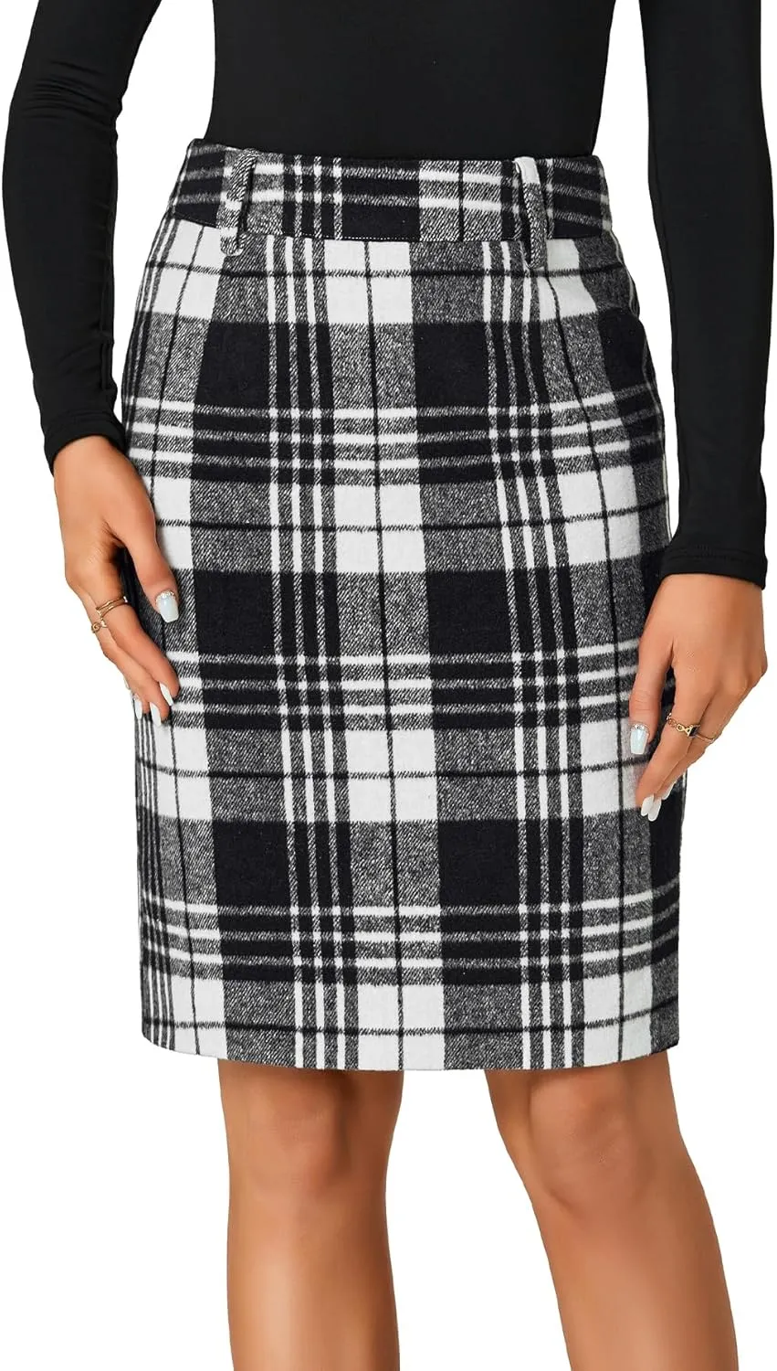 LYANER Women's Elegant Plaid Zipper High Waist Bodycon Fall Pencil Midi Skirt Knee Length