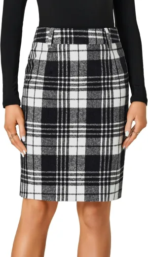 LYANER Women's Elegant Plaid Zipper High Waist Bodycon Fall Pencil Midi Skirt Knee Length