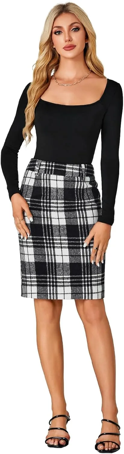 LYANER Women's Elegant Plaid Zipper High Waist Bodycon Fall Pencil Midi Skirt Knee Length