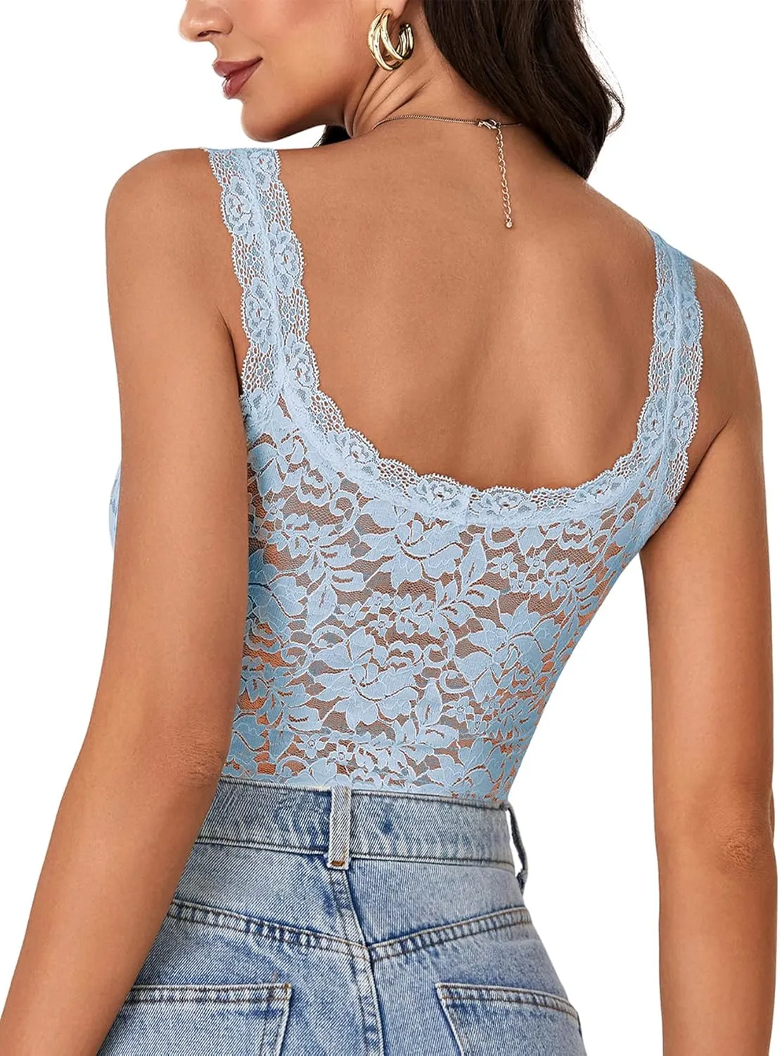 LYANER Women's Floral Lace Scallop Spaghetti Strap Sleeveless Sheer Tank Cami Top Blouse