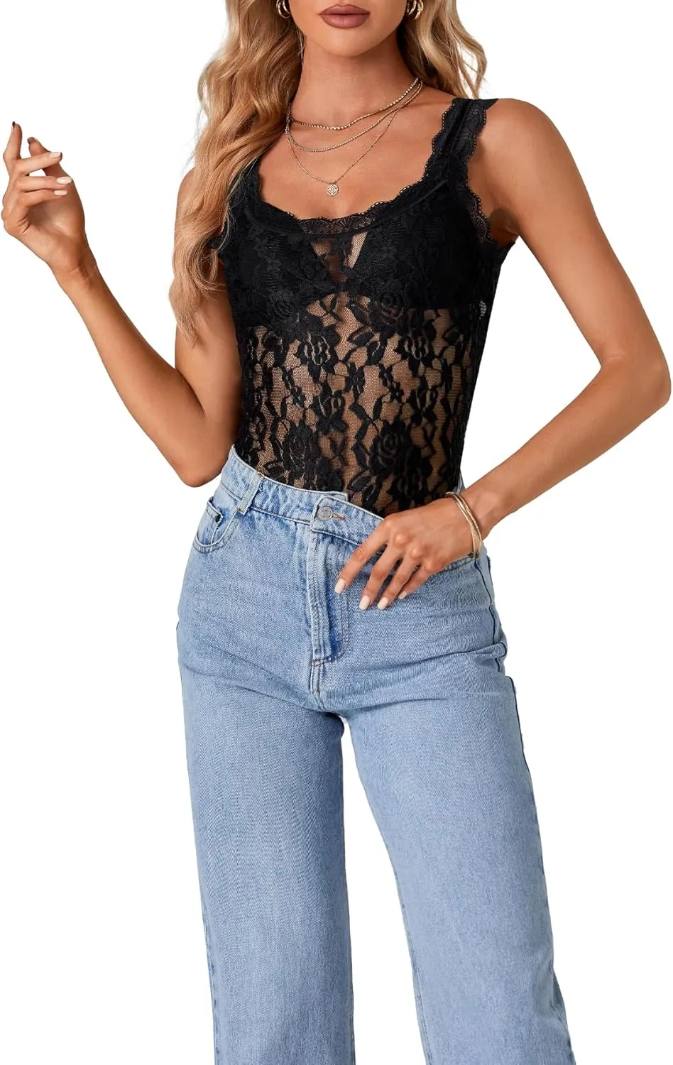 LYANER Women's Floral Lace Scallop Spaghetti Strap Sleeveless Sheer Tank Cami Top Blouse