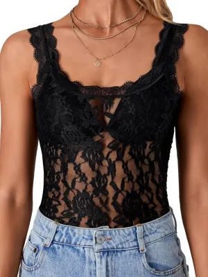 LYANER Women's Floral Lace Scallop Spaghetti Strap Sleeveless Sheer Tank Cami Top Blouse
