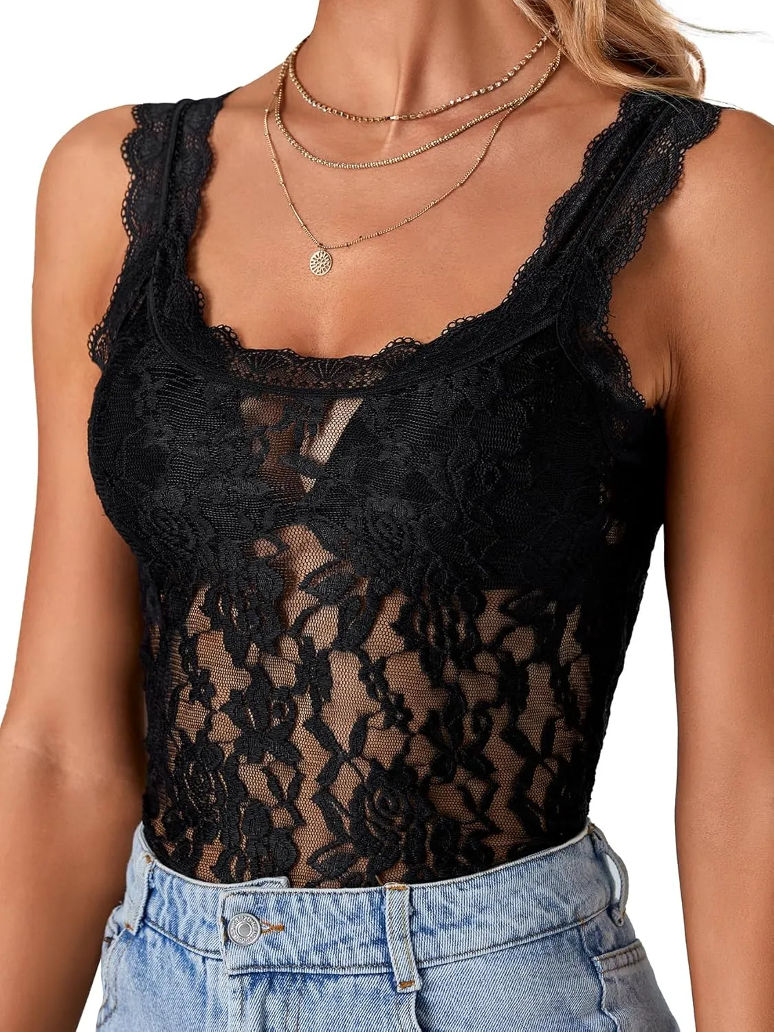 LYANER Women's Floral Lace Scallop Spaghetti Strap Sleeveless Sheer Tank Cami Top Blouse