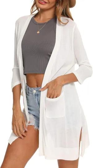LYHNMW Women's Cardigan Casual 3/4 Sleeve or Long Sleeve Lightweight Open Front Long Knited Cardigan with Pocket