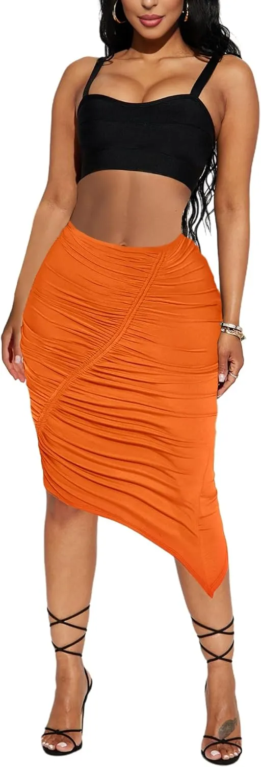 MAYFASEY Women's Ruched Pencil Skirt High Wiast Slim Bodycon Party Club Asymmetrical Long Maxi Midi Skirts
