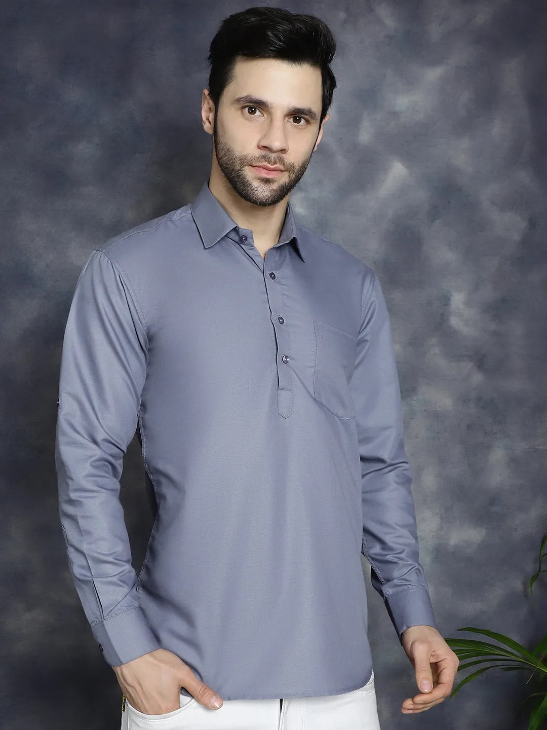 Men'S Light Grey Solid Short Kurtas
