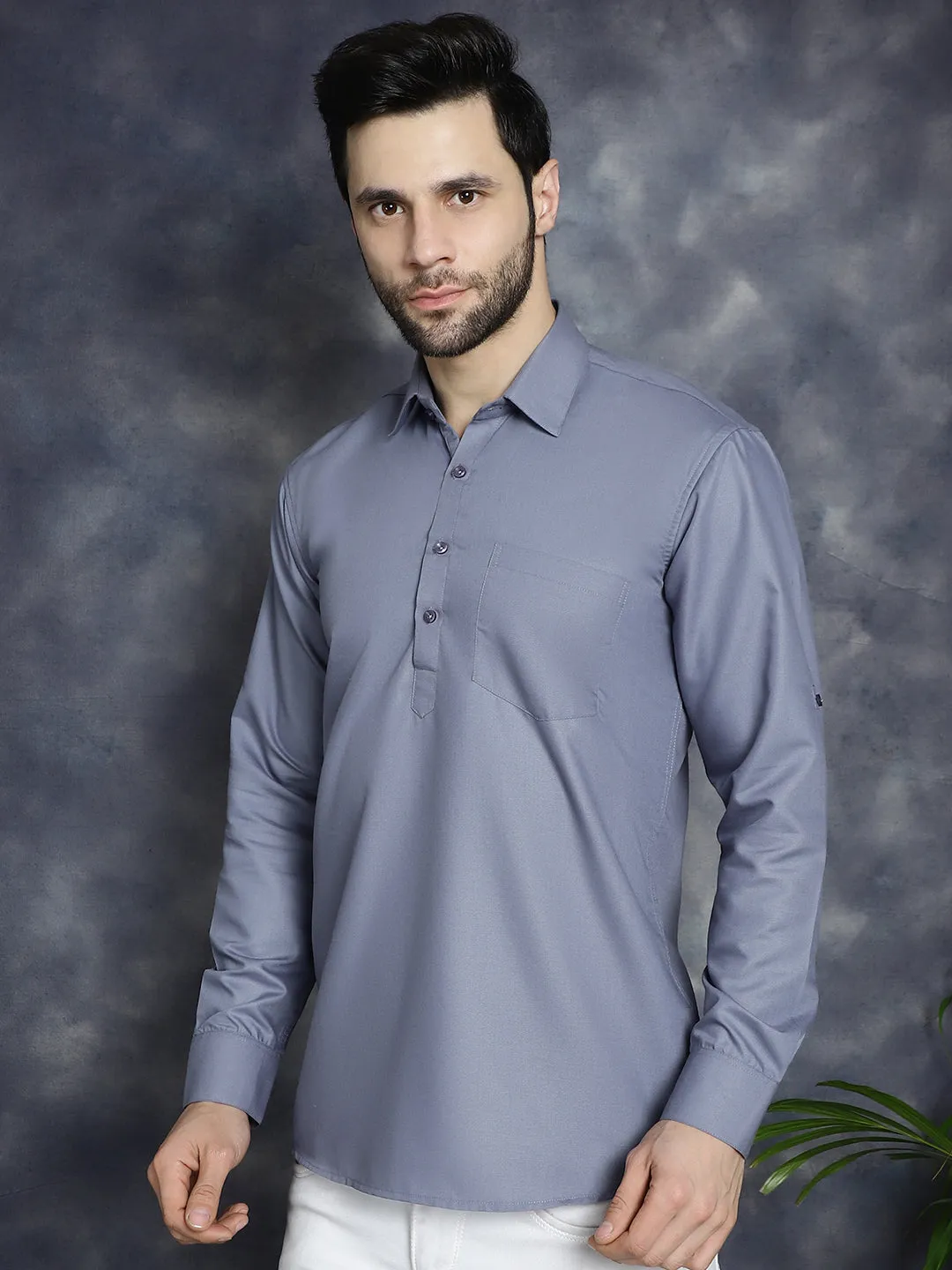 Men'S Light Grey Solid Short Kurtas