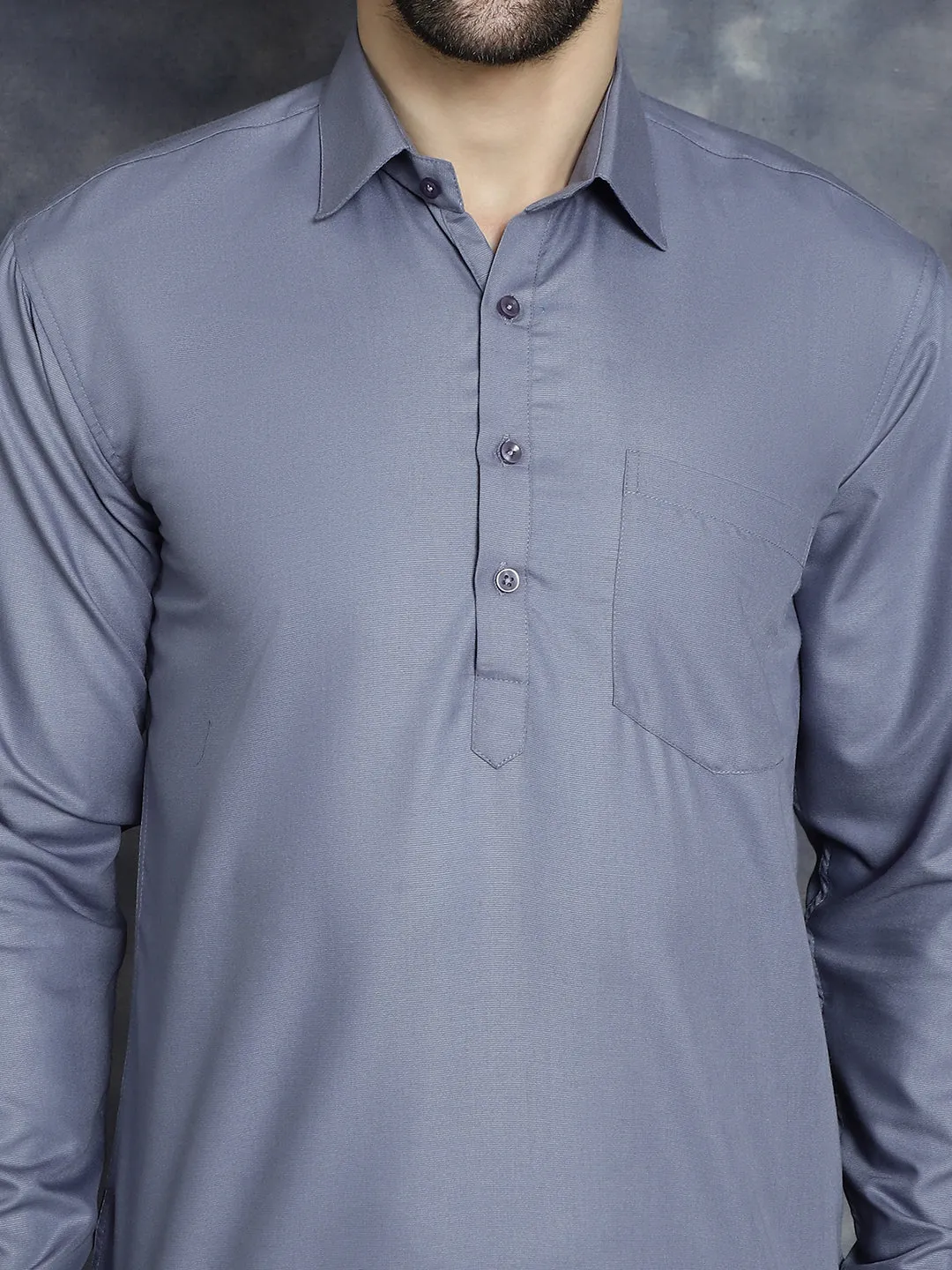 Men'S Light Grey Solid Short Kurtas