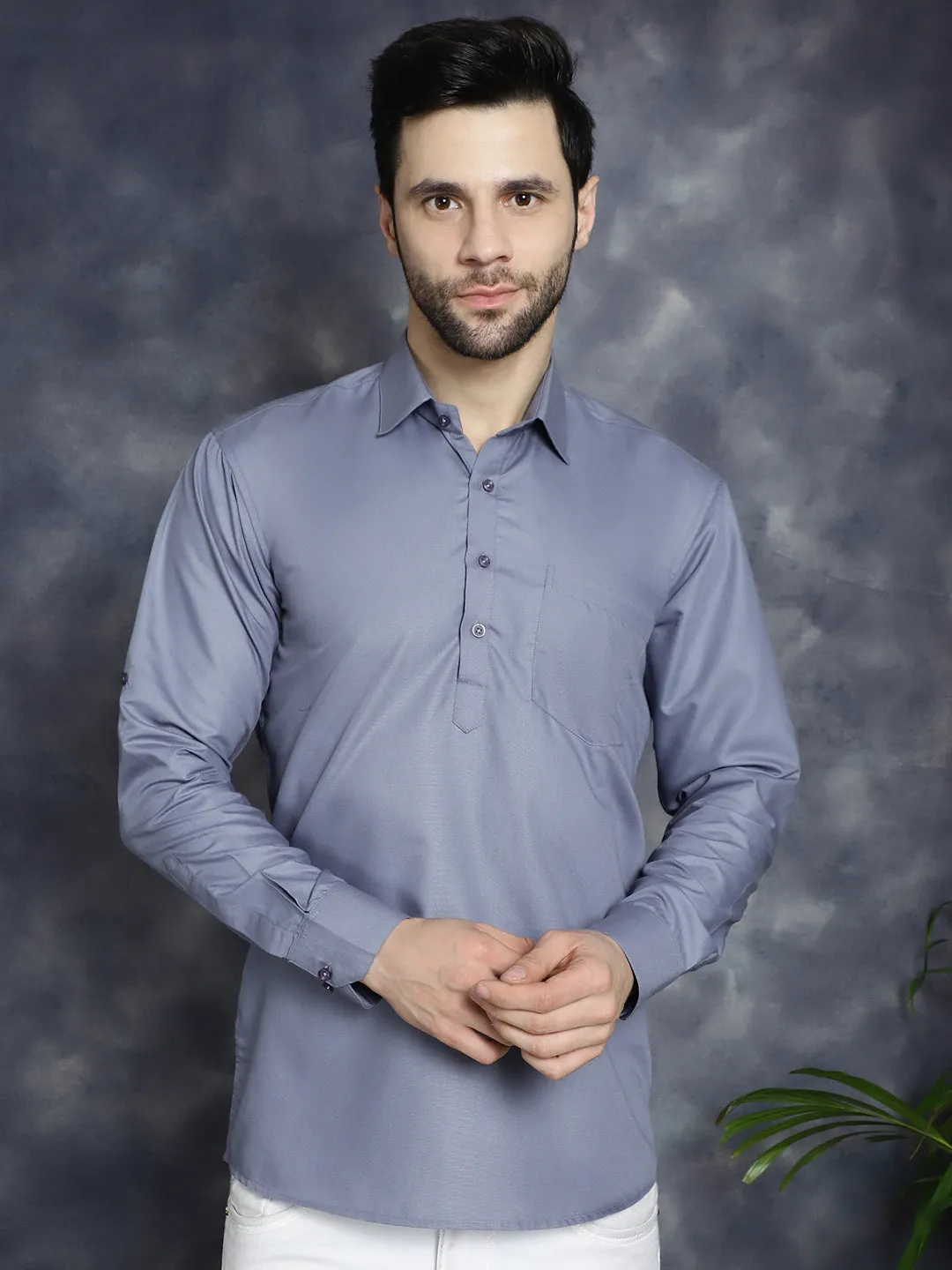 Men'S Light Grey Solid Short Kurtas