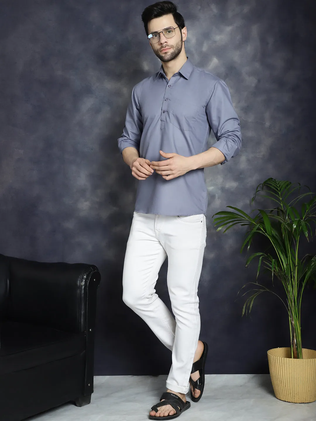 Men'S Light Grey Solid Short Kurtas