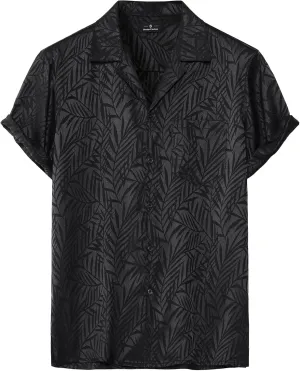Mens Shiny Satin Silk-Like Designer Shirt Summer Regular Fit Short Sleeve Button Up Floral Shirt with Pocket