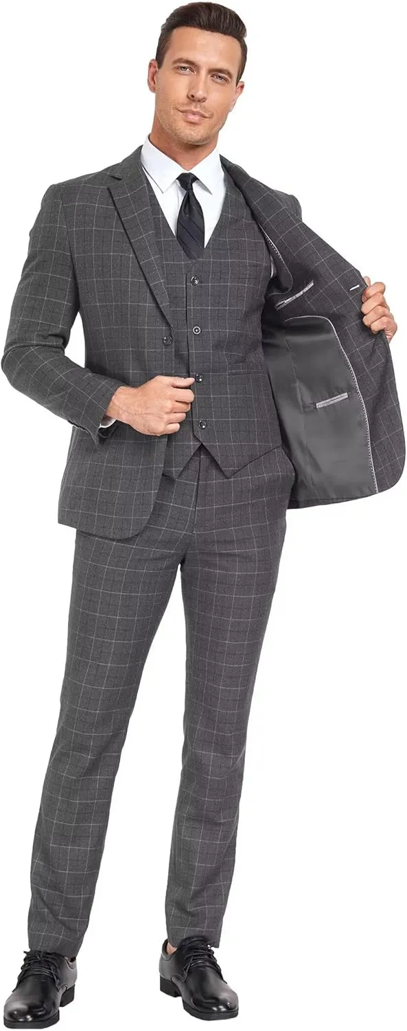 Men's Suit Set,3 Pieces Plaid Suit for Men Slim Fit Formal Bussiness Wedding Suit Prom Tuxedos Suit Blazer Vest Pant