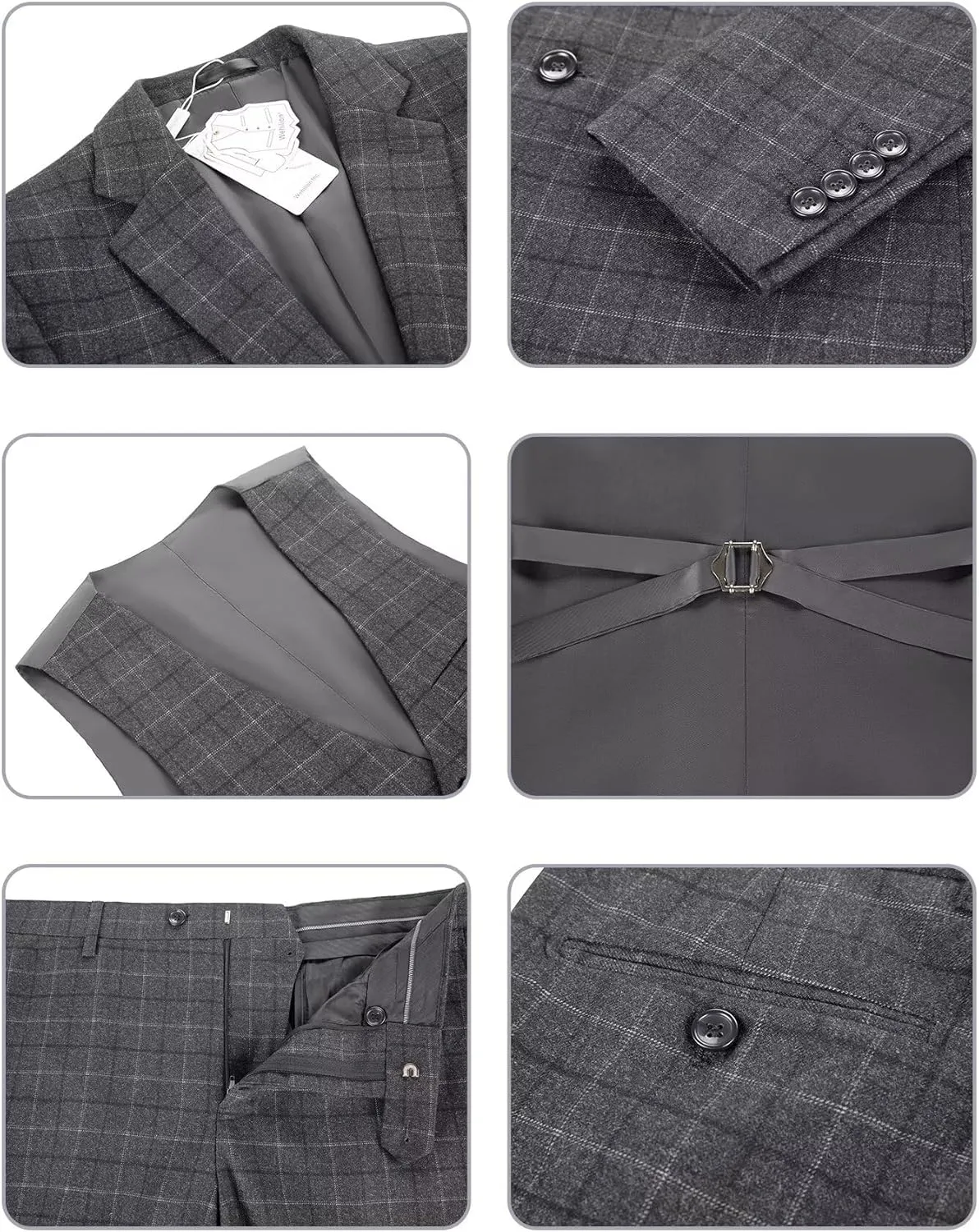 Men's Suit Set,3 Pieces Plaid Suit for Men Slim Fit Formal Bussiness Wedding Suit Prom Tuxedos Suit Blazer Vest Pant