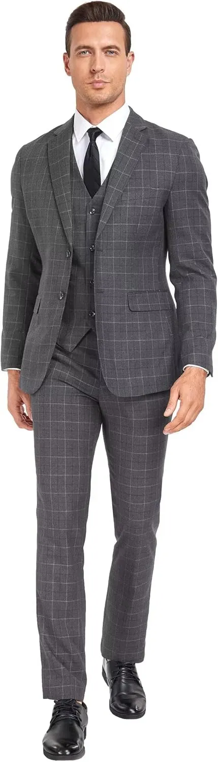 Men's Suit Set,3 Pieces Plaid Suit for Men Slim Fit Formal Bussiness Wedding Suit Prom Tuxedos Suit Blazer Vest Pant
