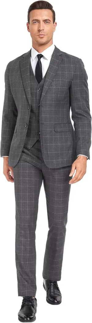 Men's Suit Set,3 Pieces Plaid Suit for Men Slim Fit Formal Bussiness Wedding Suit Prom Tuxedos Suit Blazer Vest Pant