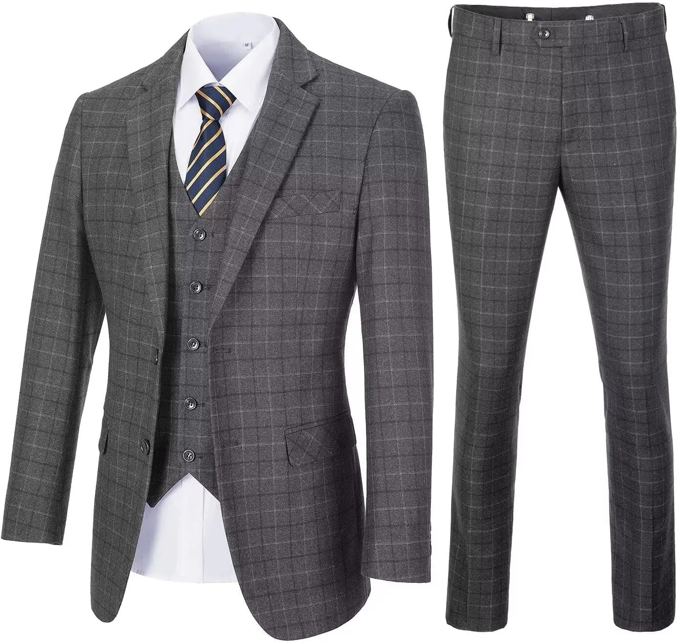 Men's Suit Set,3 Pieces Plaid Suit for Men Slim Fit Formal Bussiness Wedding Suit Prom Tuxedos Suit Blazer Vest Pant