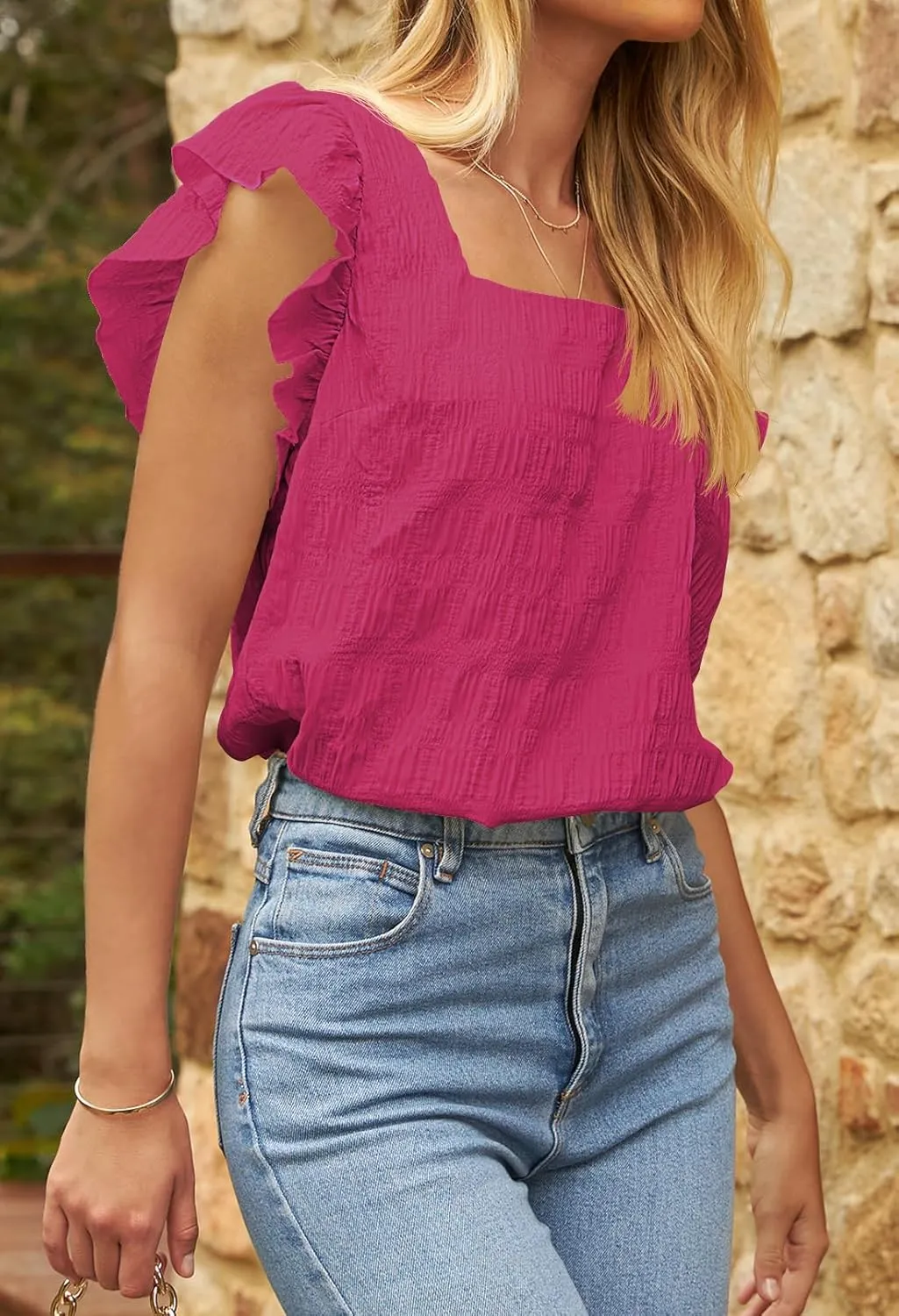 MEROKEETY Women's 2025 Summer Ruffle Cap Sleeve Blouse Square Neck Textured Shirt Dressy Casual Tops