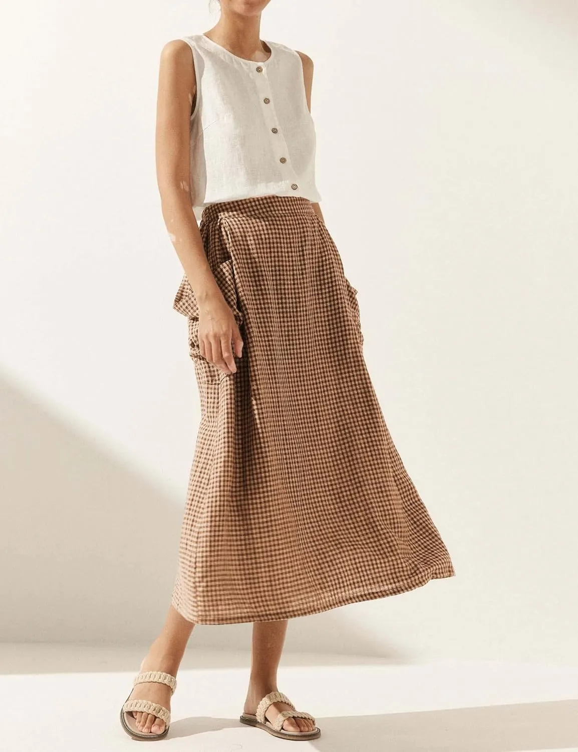 MISSACTIVER Plaid Skirts for Women Elastic Waist Midi Skirt with Pockets Vintage Flowy Gingham Long Skirt