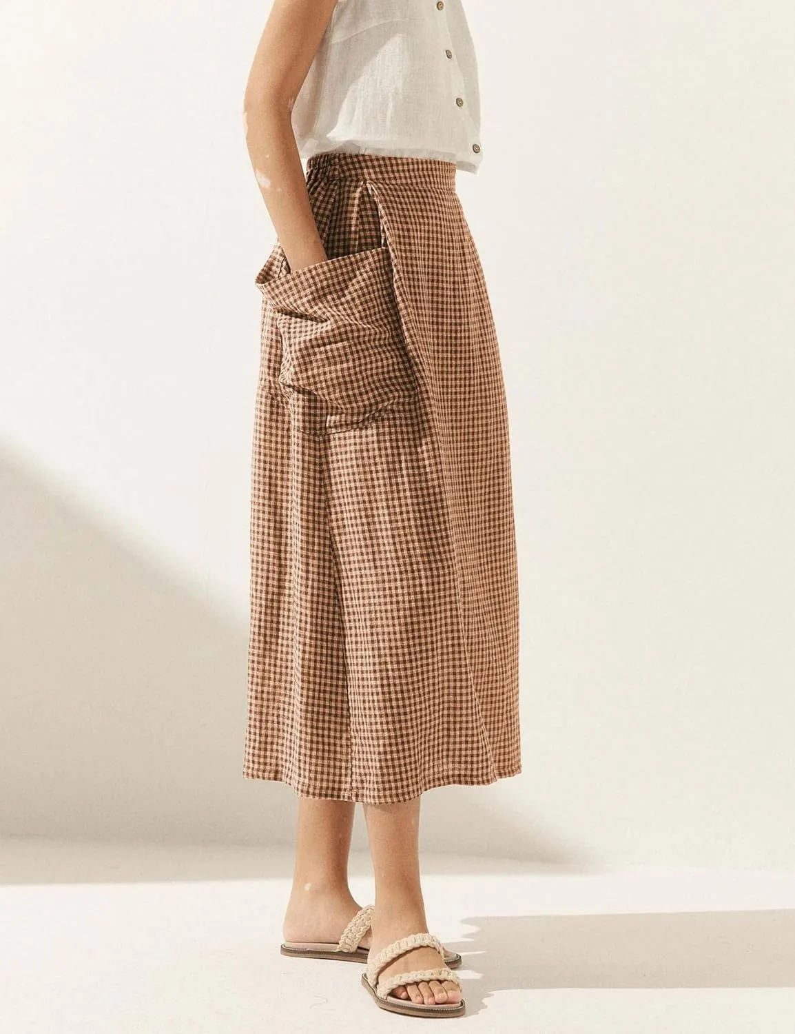 MISSACTIVER Plaid Skirts for Women Elastic Waist Midi Skirt with Pockets Vintage Flowy Gingham Long Skirt