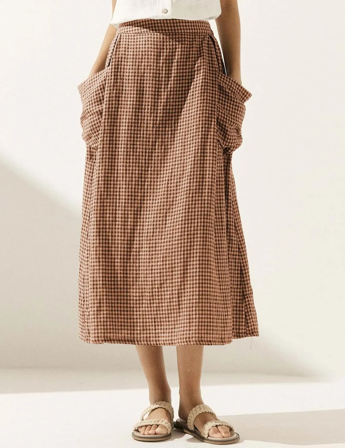 MISSACTIVER Plaid Skirts for Women Elastic Waist Midi Skirt with Pockets Vintage Flowy Gingham Long Skirt