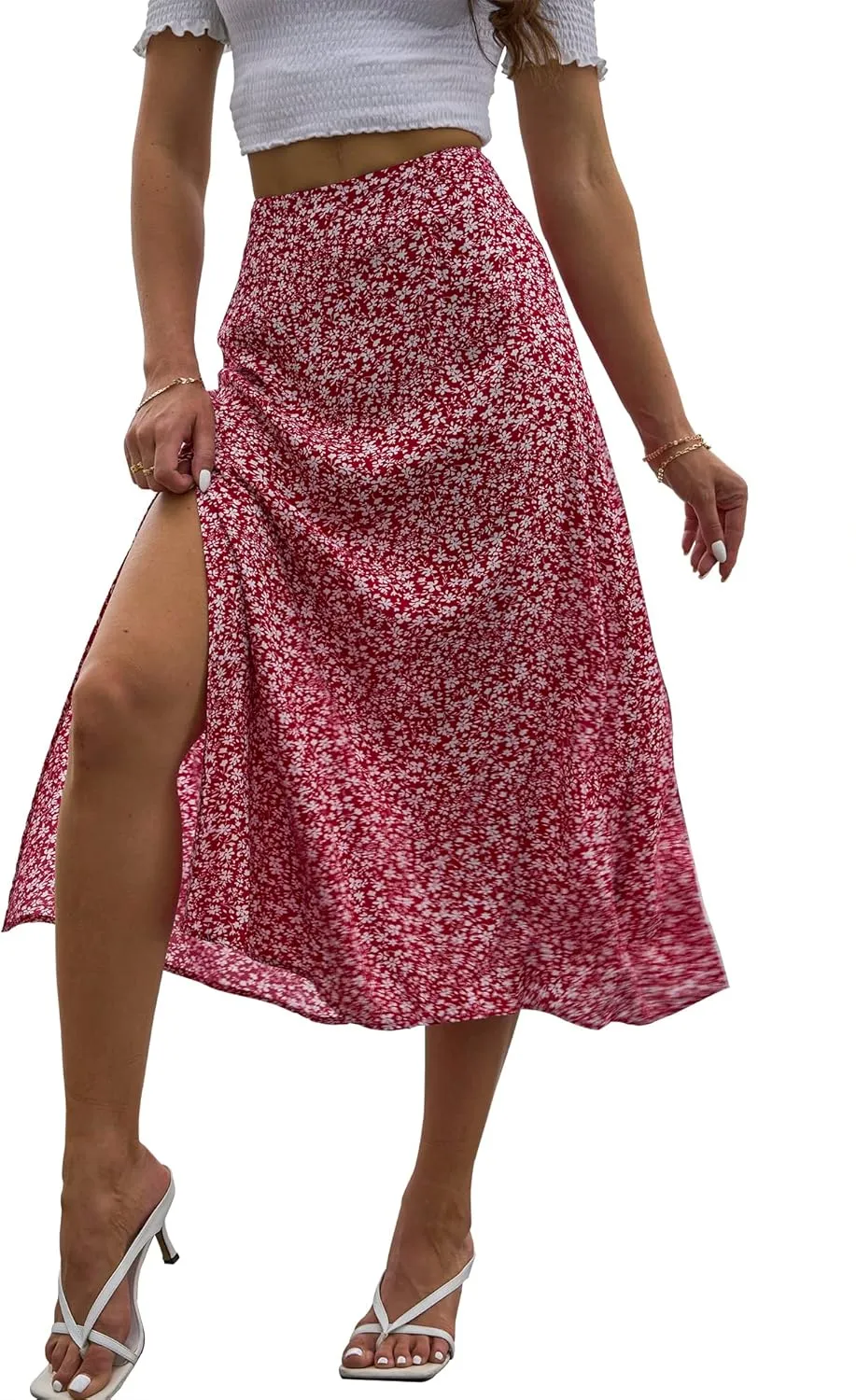 NENONA Womens Summer Flowy Slit Midi Skirts Casual Lightweight High Waisted Boho Floral Beach Skirt
