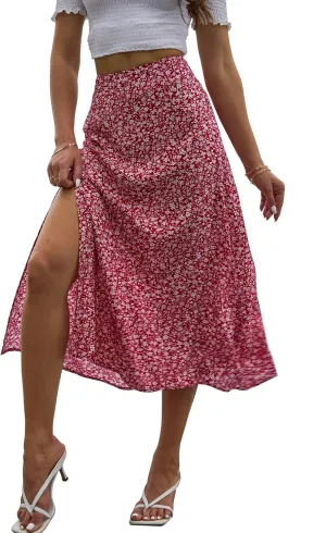 NENONA Womens Summer Flowy Slit Midi Skirts Casual Lightweight High Waisted Boho Floral Beach Skirt