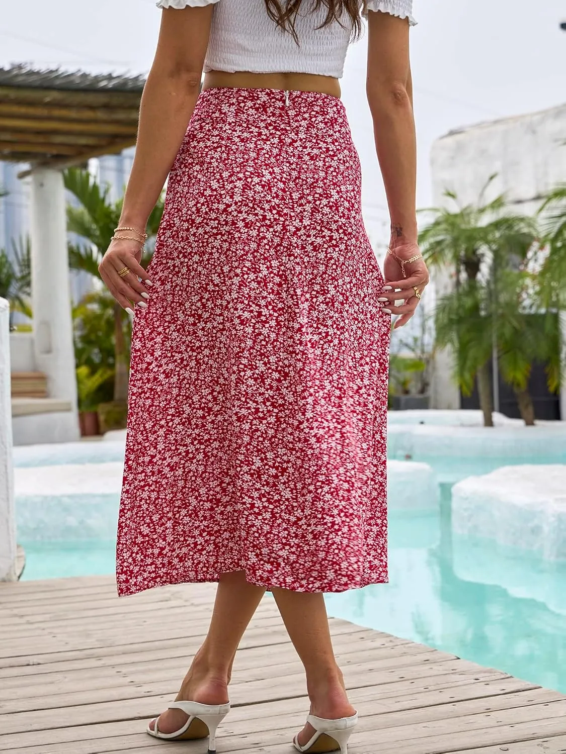 NENONA Womens Summer Flowy Slit Midi Skirts Casual Lightweight High Waisted Boho Floral Beach Skirt
