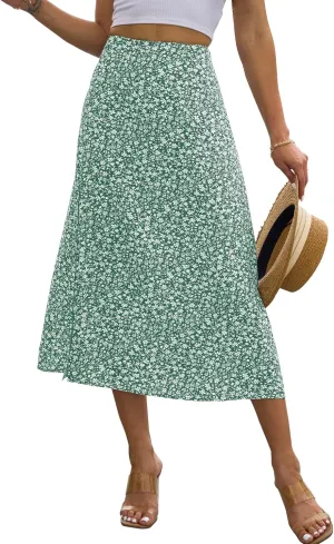 NENONA Womens Summer Flowy Slit Midi Skirts Casual Lightweight High Waisted Boho Floral Beach Skirt