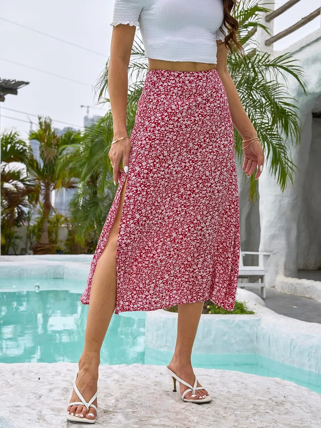 NENONA Womens Summer Flowy Slit Midi Skirts Casual Lightweight High Waisted Boho Floral Beach Skirt