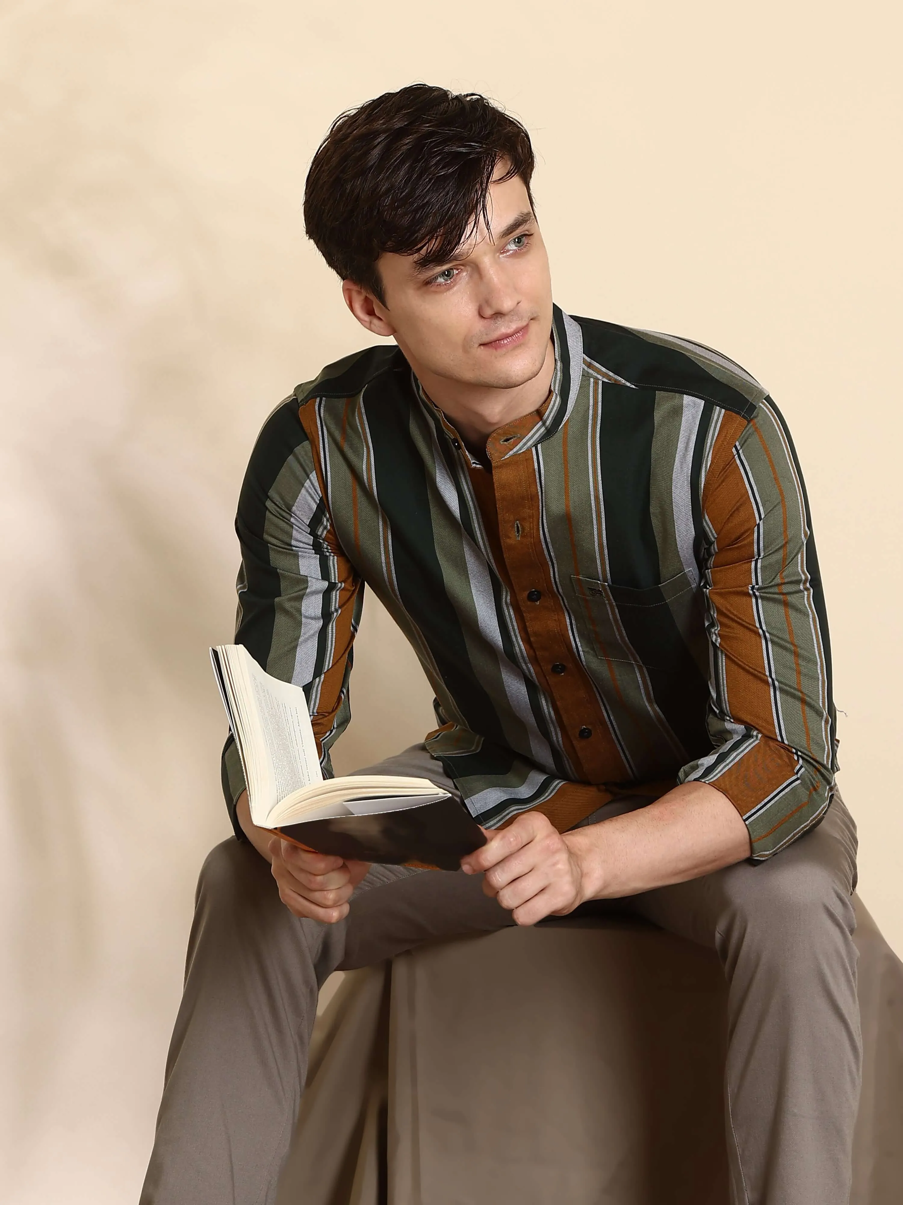 Olive green stripes full sleeve shirt