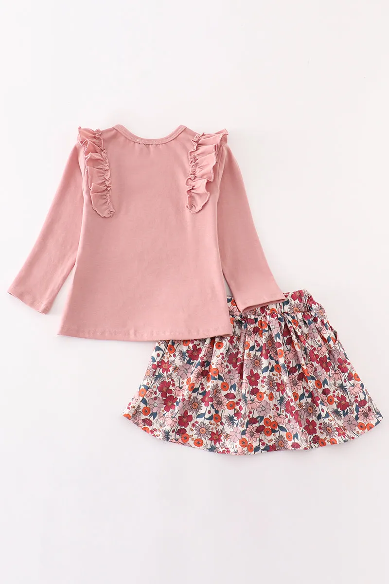 Pink floral ruffle skirt set