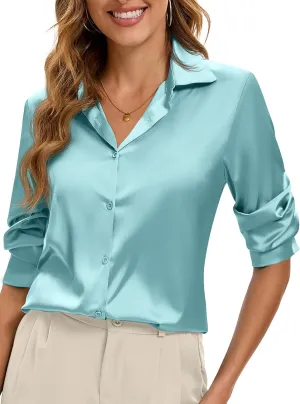 Premium Soft Breathable Stretch Satin Silk Button Down Shirts for Women Long Sleeve Leopard Blouses Work Dress Tops