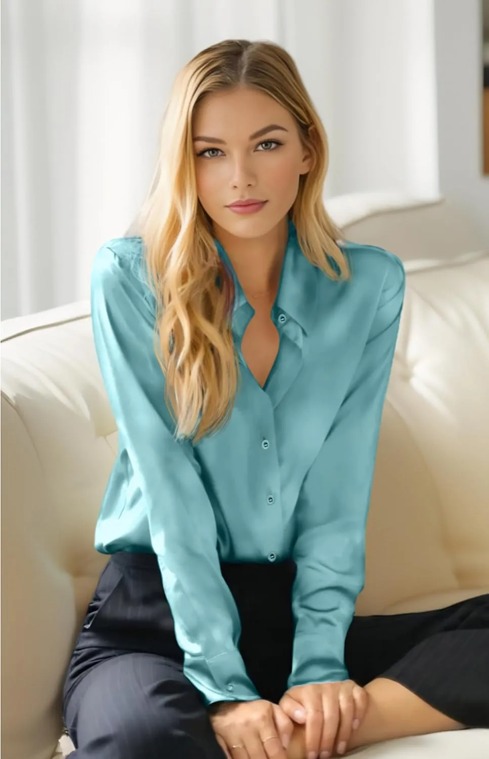 Premium Soft Breathable Stretch Satin Silk Button Down Shirts for Women Long Sleeve Leopard Blouses Work Dress Tops
