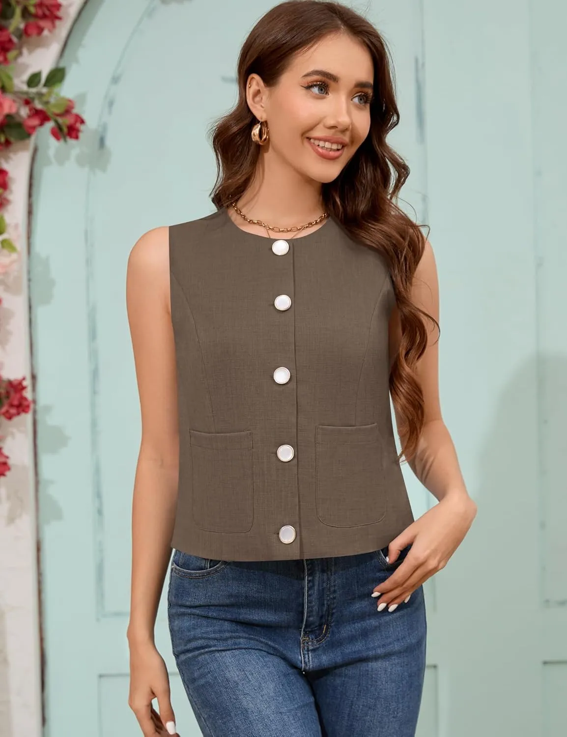 Rapbin Womens Vest Sleeveless Button Down Vest Tops Crew Neck Casual Dressy Waistcoat Business Outfits Suit Fashion