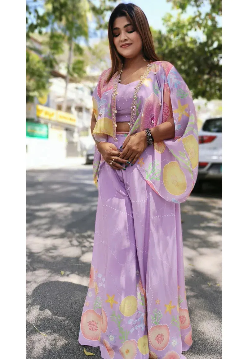 RFSS1757 - Partywear dress in Pure Crepe. Comes with Digital print Sharara, Crop Top, and Jacket