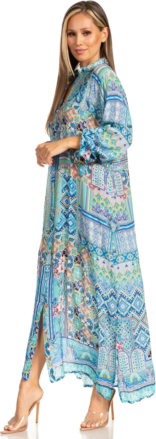 Sakkas Womens Long Sleeves Button Down Spring/Summer Maxi Shirt Dress/Beachwear